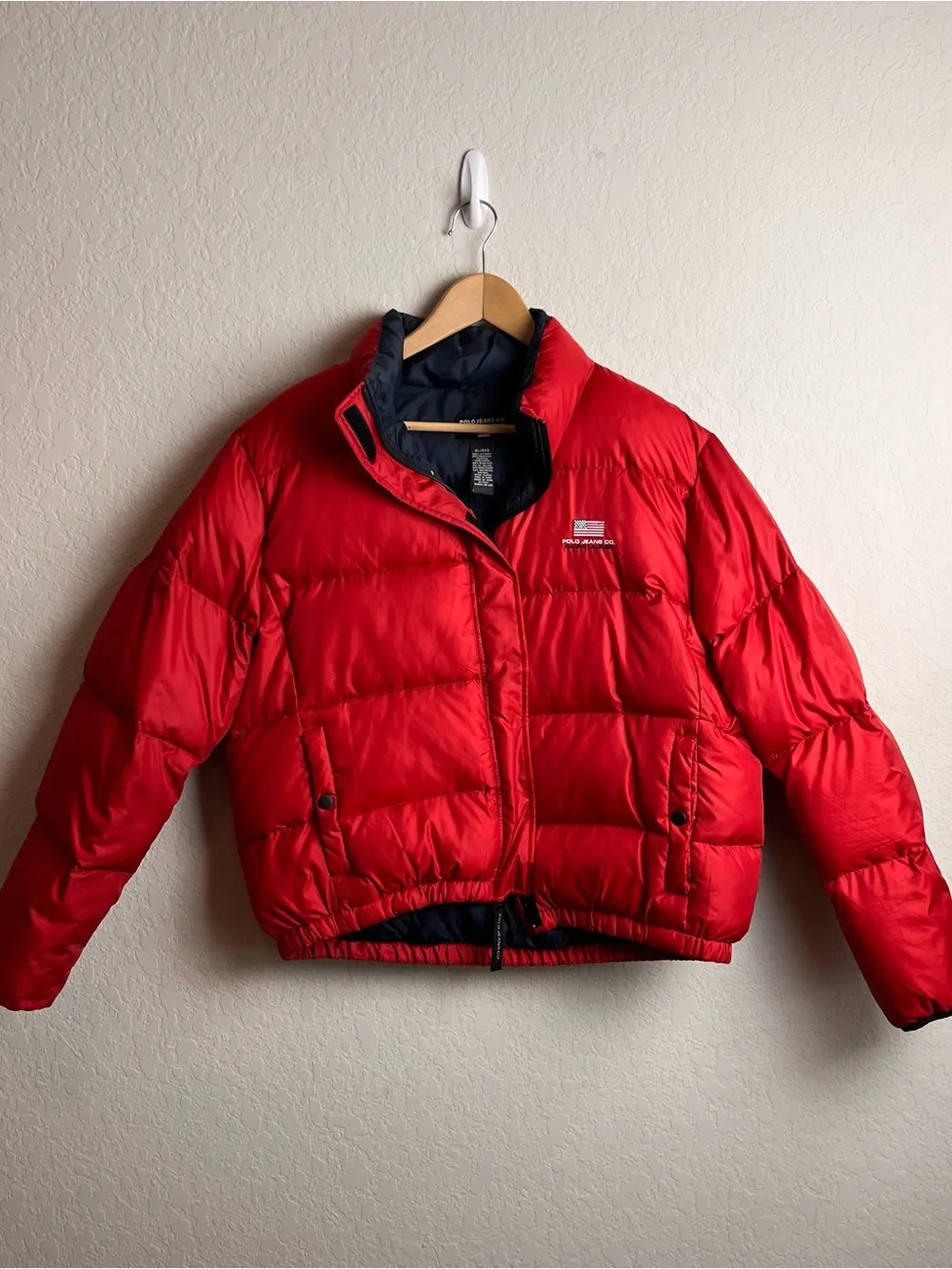 Vintage Polo Jeans Co Ralph Lauren Red Down Puffer Jacket Crop Y2K XL 90s Flag
